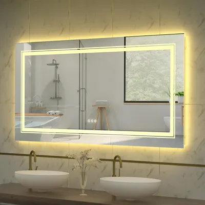Immagine prodotto di Specchio da bagno a LED Vrygle 120x60 cm: dimmerabile, con illuminazione frontale e posteriore, antiappannamento, comando touch, specchio da bagno per montaggio a parete
