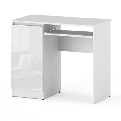 A white desk with a high-gloss cabinet door and a pull-out keyboard tray, shown against a white background.