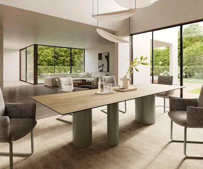 Produktbild von DELIFE Esstisch Edge 300x100 Keramik Laminam® Sabbia Eichefarbig Troa Metall Effektfinish Titan