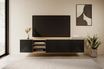 Obrázok produktu pre Závesná TV skrinka artisan čierny mat 200 cm s ryhovaným čelom Asha