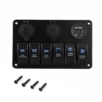 Obrázek produktu pro 6polový panel s LED přepínači pro auto/loď, USB zásuvka, konektor do zapalovače, voltmetr
