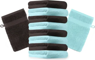 Produktbild von Betz 10 Stück Waschhandschuhe 16x21 cm PREMIUM 100% Baumwolle Farbe: dunkelbraun und türkis