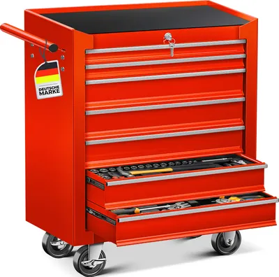 A red tool chest with seven drawers on wheels, with tools visible in the bottom two drawers. A tag with the German flag and text is attached to the handle.