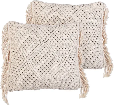 Obrázek produktu pro BELIANI Sada 2 dekorativních polštářů béžová bavlna 45 x 45 cm makramé se střapci boho retro styl doplňky