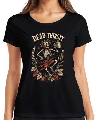 Productafbeelding van "Dead Thirsty" skelet, schedel, bierkan, hop, lederhosen, dirndl, dames T-shirt, zwart, 3XL