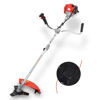 A red and black string trimmer with a spool of trimmer line next to it, on a white background.