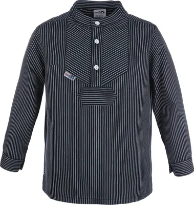 Produktbild von modAS Kinder Fischerhemd Basic Line mit Streifen im Finkenwerder-Stil - Seemann-Hemd mit Stehkragen mit schmalen Streifen blau Größe 134-140