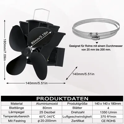 Produktbild von YUENFONG 4 Blatt Kaminventilator für Ofenrohr, Ofenventilator, Wärmebetrieben, Leiser kaminlüfter für Holz, Brennholz, Feuerstelle, Ofenrohr, Metall, Schwarz