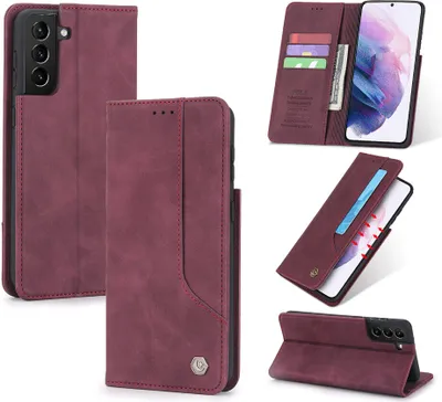 Produktbild von Galaxy S21 FE 5G Hülle, Retro Kunstledertasche Schutzhülle mit Kartenfach Standfunktion für Samsung Galaxy S21 FE 5G Rot