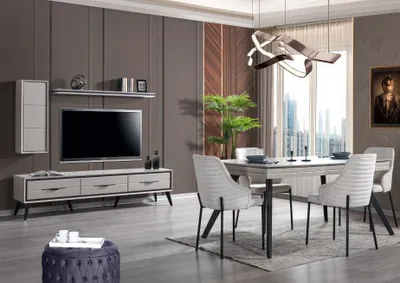 Produktbild von Moderne Weiße Esszimmer Garnitur Lowboard 6x Stühle Esstisch Regal 10tlg