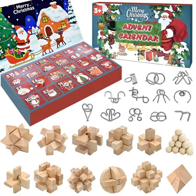 Imagen del producto de Calendario de Adviento 2026 Rompecabezas para Niños y Adultos 24 Días Calendario de Navidad Cuenta Atrás con Metal Rompecabezas y 3D Madera IQ Puzzle