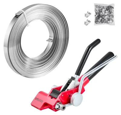 Image de Kit de cerclage VEVOR 3 pièces en acier, comprenant un appareil de cerclage manuel avec 30,5 m de feuillard métallique, 100 agrafes métalliques et un coupe-feuillard : l'équipement d'atelier idéal pour l'emballage industriel, le transport et le stockage