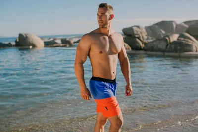 Produktbild von GUGGEN MOUNTAIN Badehose für Herren Schnelltrocknende Badeshorts Style-20 mit Kordelzug Beachshorts Boardshorts Schwimmhose Männer mit Muster Orange Blau XL