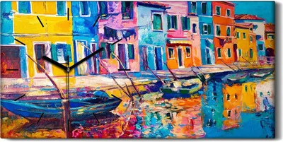 Produktbild von Wandbild Leinwand Bilder mit Uhr 60x30 Kunst Stadtgebäude Wasser boote Dorf - schwarze Hände