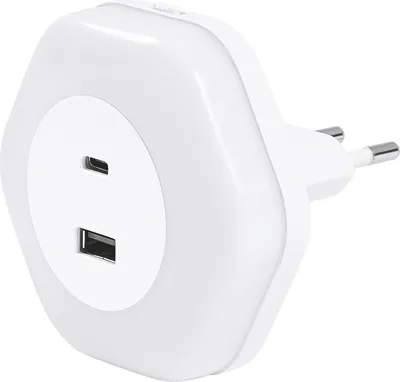 Zdjęcie produktu dla LEDVANCE LUNETTA HEXAGON lampka nocna z gniazdkiem, biała, 5W, 5lm, ciepłe białe światło, złącze USB-A i USB-C, technologia LED, funkcja ładowania, długa żywotność, stopień ochrony IP20, 3000K