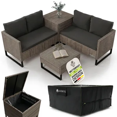 Produktbild von Juskys Polyrattan Lounge Santorini inkl. Abdeckung - Sitzecke mit Beistelltisch & Auflagenbox - Grau