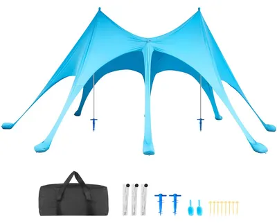 Produktbild von Strandzelt / Strandmuschel - Sonnensegel 6,1 x 4 x 2,8 m - UPF 50+ UV-Schutz - Mit Sandsäcken & Sandschaufeln - Mit Stützstangen - Tragbar - Für Camping & Angeln - Blau
