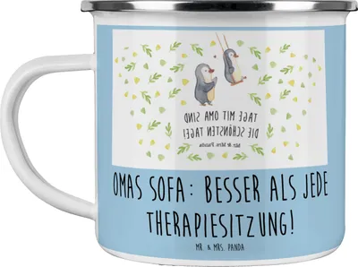 Produktbild von Mr. & Mrs. Panda Teetasse Oma Sofa - Blau Pastell - Geschenk, Pott, Zuflucht, Omi, Emaille Tasse, Familie, Liebe, Teebecher, Motivtasse, herzerwärmende Sprüche, Jubiläen