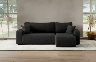 Image de Canapé d'angle avec fonction sommeil et coffre de lit, Canapé d'angle MILANO L tissu Poso velours côtelé épais noir droite