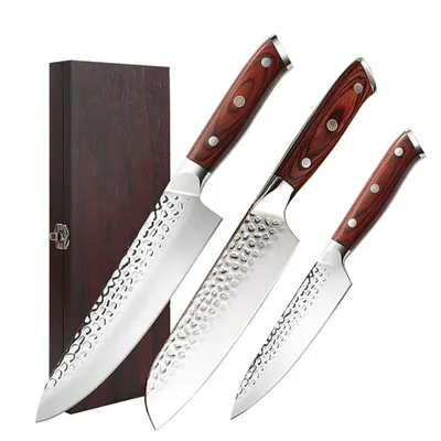 Produktbild von Lacers Purpleline 3-teiliges Profi Küchenmesser Set (Chefmesser, Santoku, Allzweckmesser) – ultrascharfe Edelstahl-Klingen im japanischen Design