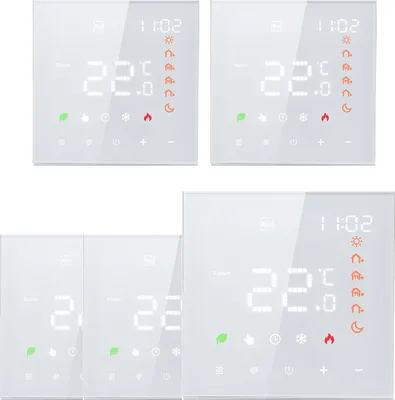 A collage of four digital thermostats with white casings and LCD screens displaying temperature and time.