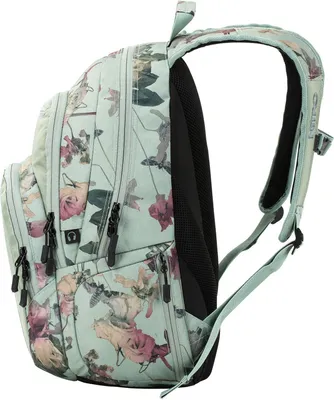 A side view of a floral patterned backpack.