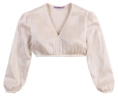 Produktbild von MarJo Dirndlbluse SALDENBURG Beige mit V-Ausschnitt, 3/4-Puffärmeln und Zugband