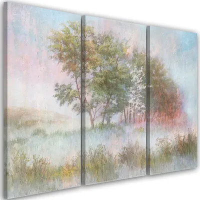 Produktbild von Triptychon auf leinwand bäume auf einer nebligen wiese 150x100 cm Feeby grün wandbild bereit zum aufhängen