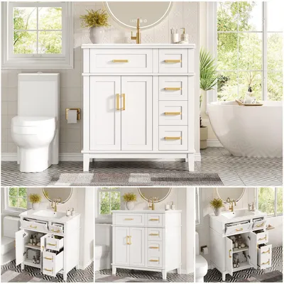 Immagine prodotto di Mobile da bagno con lavabo in Vetroceramica, mobile da bagno moderno con ampio spazio contenitivo, cassetti con chiusura ammortizzata e sistema antitraboccamento integrato