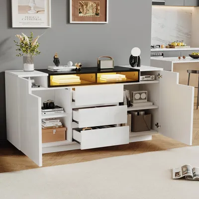 Image de MODFU Buffet de Cuisine Bar avec LED - 2 Portes et 3 Tiroirs, Étagères Réglables - Blanc + Noir - 140x40x68 cm