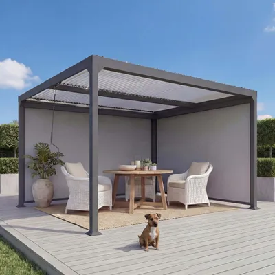 Produktbild von Alu Pergola MCW-L41 mit 2x Seitenwand, Lamellen-Pavillon, stabiles 8cm-Metall-Gestell 3x3,7m  anthrazit