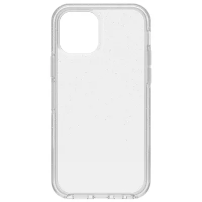 A clear, transparent phone case with a subtle glitter effect, shown from the front.