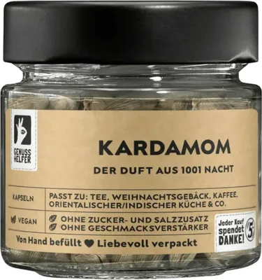 Produktbild von Kardamom Kapseln, grün, ideal zum Backen, Kochen oder für Tee, 35g im Glas