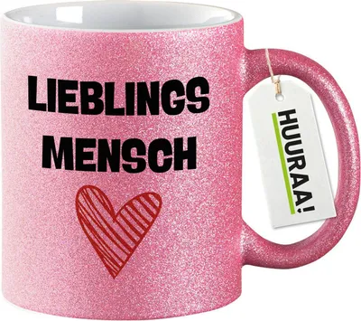 Produktbild von Huuraa Glitzertasse Lieblingsmensch Herz 330ml Pink Keramik Kaffeebecher Geschenkidee
