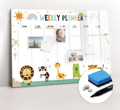 Produktbild von Magnetpinnwand Memoboard - Zubehörsatz - Schwarzer Marker + Schwamm + Magnete - 100 x 70 cm - Wochenplaner Tiere