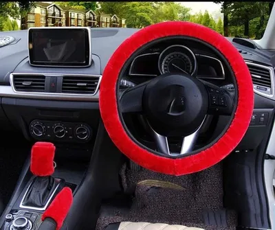 Plüsch Lenkradbezug für Auto, 3-teiliges Set mit Handbrems- und Schaltknaufbezug, Warme Winteraccessoires, Rot, 38 cm