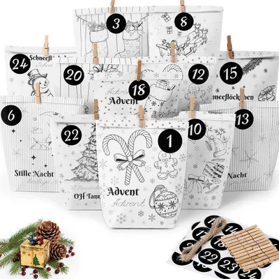Produktbild von Adventskalender zum Befüllen mit 24 Papiertüten, Zahlen-Sticker, Holzklammern & Schnur