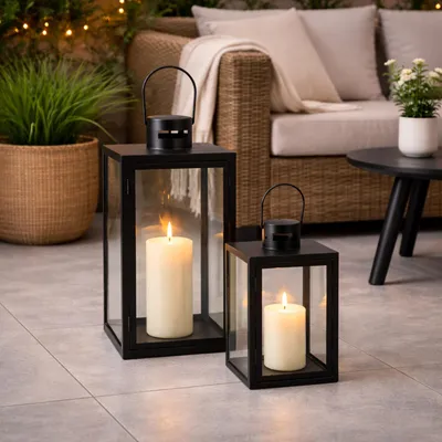 2tlg Metall Laternen Set Schwarz Gartenlaterne Windlicht ca. H34/47cm