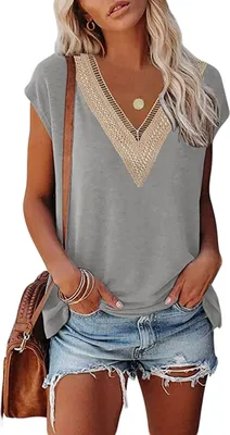 Image de ASKSA Femme T-shirt manches courtes col V Elegant Tunique Hauts Eté Lâches Casual Tops, Gris Clair, S
