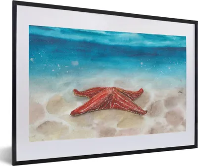 Produktbild von MuchoWow® MuchoWow® Gerahmtes Poster Meer - Aquarell - Seestern 60x40 cm - Poster mit zchwarzem Bilderrahmen - Schlafzimmer - Plakat in Rahmen - Drucken