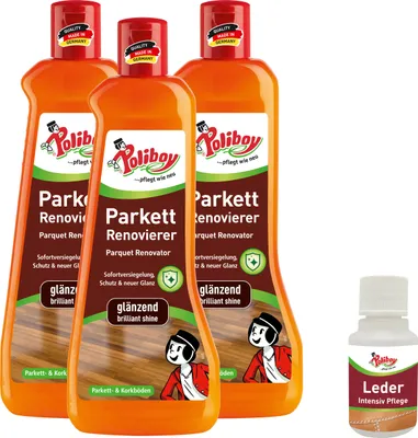 Produktbild von Poliboy Parkett Renovierer glänzend - 3x500ml - für stumpfe und abgenutzte Holz- und Korkböden - Sofort Versiegelung - mit Leder Probe
