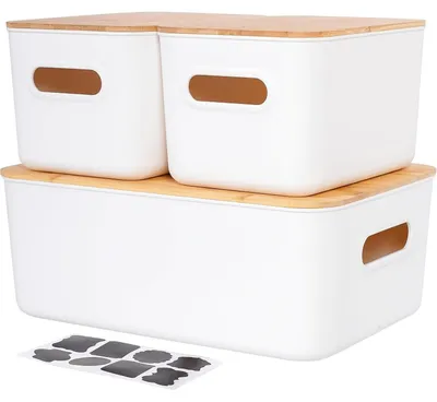 Productafbeelding van Opbergboxen, set van 3, met bamboe deksel, wit, van kunststof, stapelbaar, met handgrepen, inhoud: 6,5 liter + 13 liter