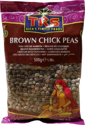 A bag of brown chick peas with a graphic of a woman in traditional Indian attire.