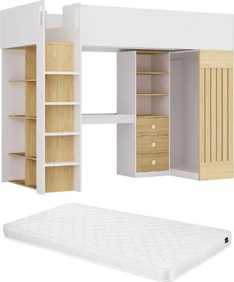 Produktbild von Hochbett mit Schreibtisch & Kleiderstange + Matratze - 90 x 190 cm - Weiß & Holzfarben - LORINTI