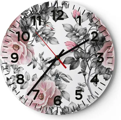 Produktbild von Wanduhr - Rund - Glasuhr - Blumen Blätter Pflanze Rose - 40x40cm - Schleichendes Uhrwerk - Lautlos - zum Aufhängen bereit - Dekoration Modern - Wanddekoration aus Glas - C4AR40x40-2952