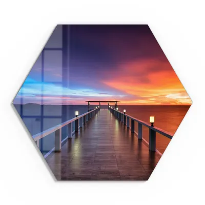 Produktbild von DEQORI Glasbild Echtglas 40x35 cm 'Holzkai am Abend' Wandbild Bild modern Deko