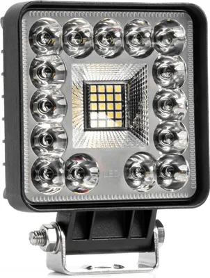 A square LED work light with a metal casing and a black bracket for mounting.