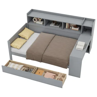 Produktbild von Jugendbett mit Schreibtisch und Bücherregal, 90x200 cm, Einzelbett mit Schubladen und Mehrfachsteckdose