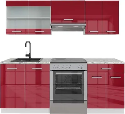 Produktbild von Vicco Küchenzeile R-Line, 200 cm , AP Marmor, Bordeaux Hochglanz/Weiß/Weiß