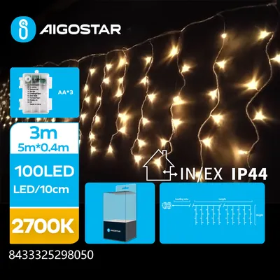 Immagine prodotto di Catena luminosa a LED effetto pioggia di neve - 100 LED - 2700K - Bianco caldo - 5 metri - Grado di protezione IP44 - Alimentazione a batteria (3 batterie AA)